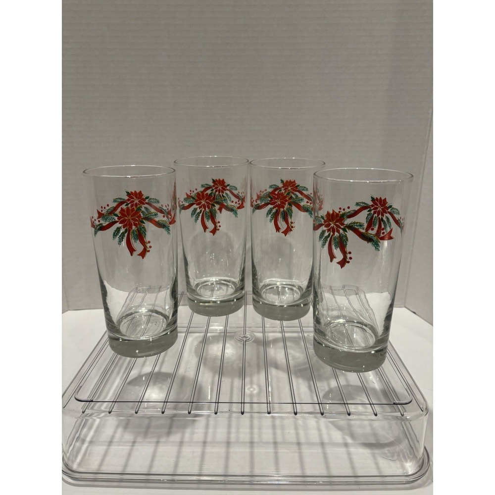 Set Of 4 Libbey Fairfield Poinsettia & Ribbons Glasses Old Stock VTG Beverag